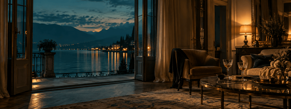 An elegant room at blue hour overlooking water, lit by warm lamplight.